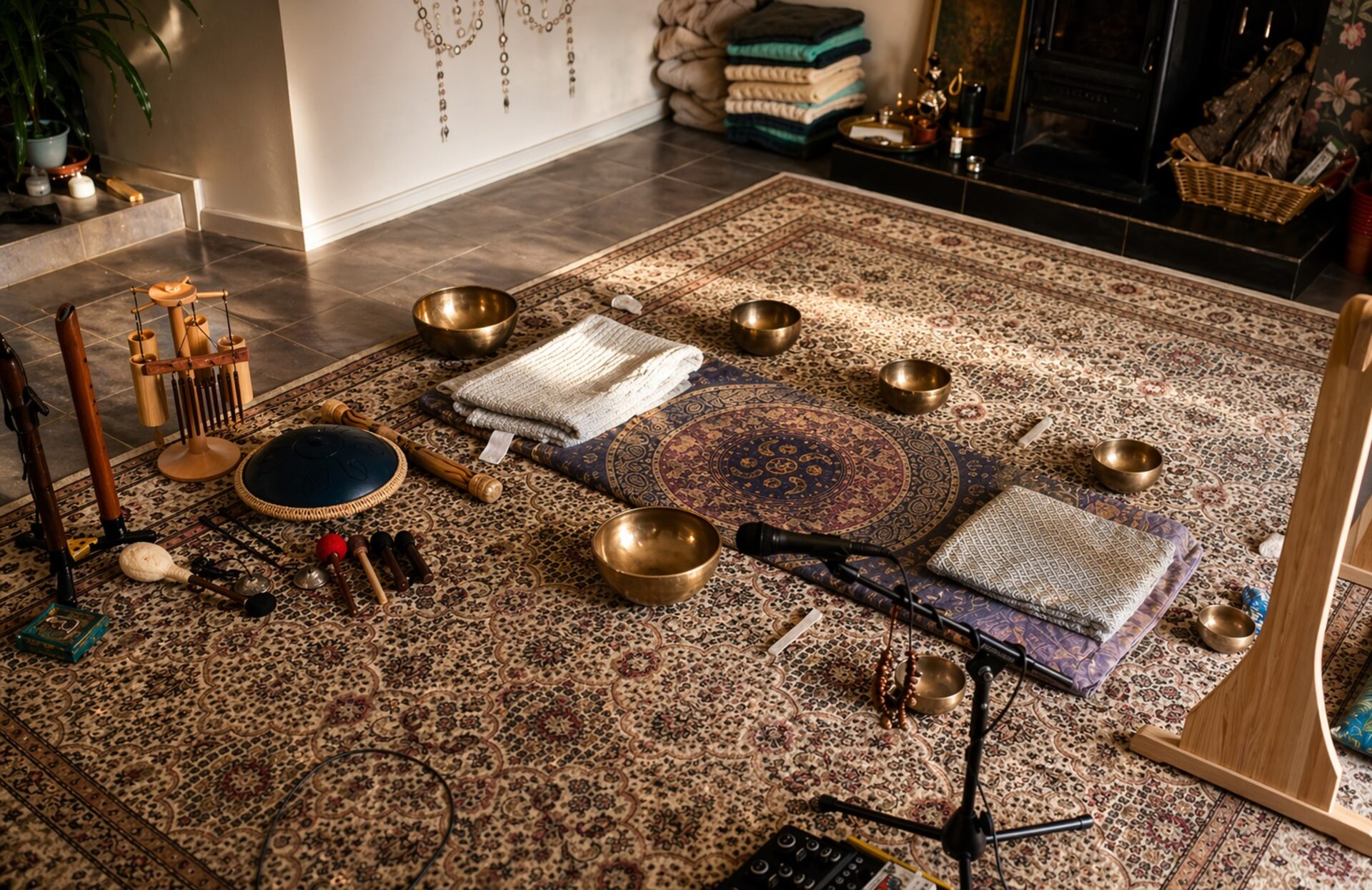 Taças tibetanas, tongue drum e instrumentos de sound healing dispostos sobre tapete